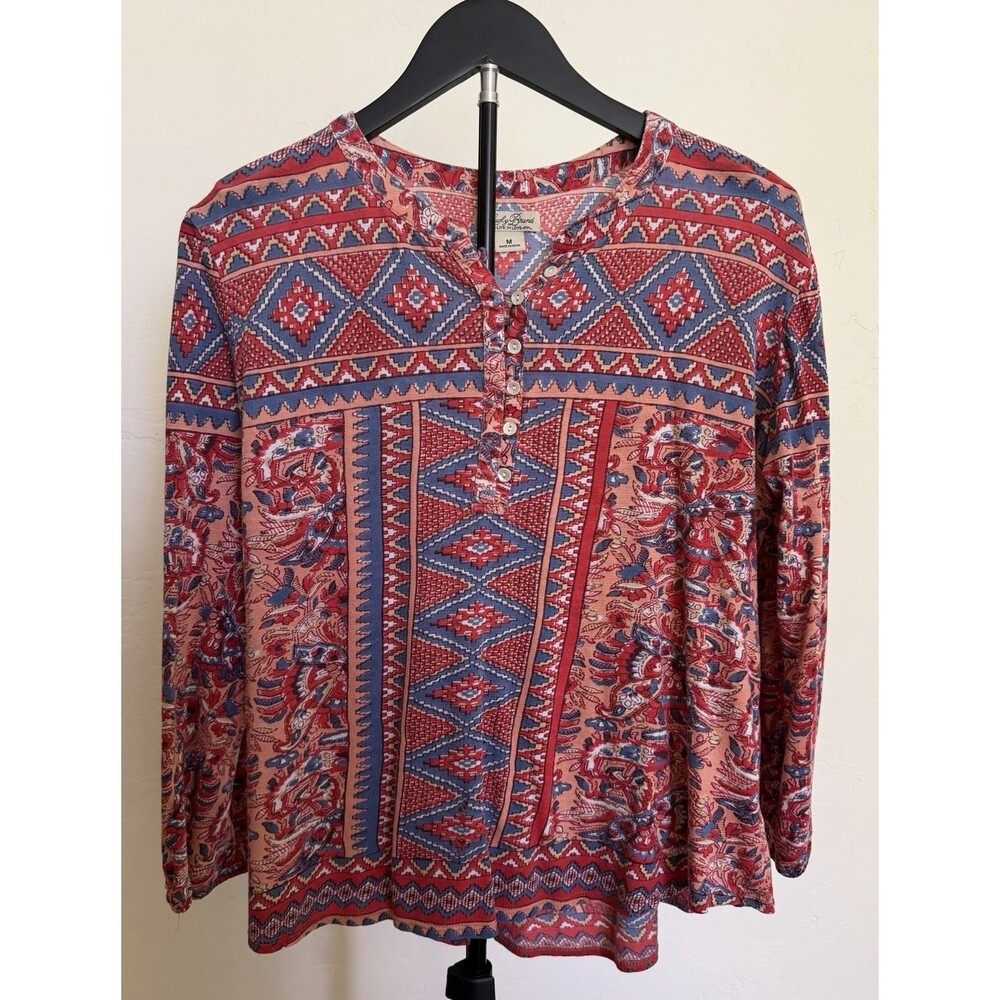 Lucky Brand Women's Aztec Print Cotton Knit Henley Top Red Blue 3/4 Sleeves M